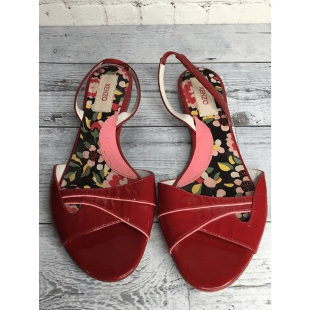 Vintage Kenzo Red Patent Leather Slingback Flat Sandals Women Size 38/US7.5